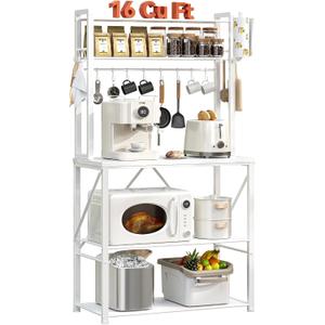 YASONIC Coffee Bar, Bakers Rack with Storage, 25.6 Inches Microwave Stand, 5 Tier Kitchen Shelves Appliance Storage, 12 S Hooks Large Coffee Station for Spices, Pots and Pans, White, 25.9 inch