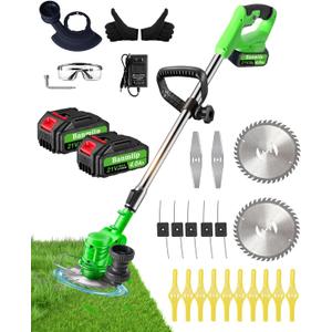 21V Electric Weed Wacker Crodless, 4 in 1 Grass Trimmer/Lawn Edger, Lightweight Weed Electric Eater with 4 Types Blades, 2 * 4.0Ah Battery and Charger Included (Green)