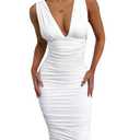BEAGIMEG Women's Sexy Elegant Sleeveless Deep V Ruched Thick Straps Low Back Cocktail Evening Party Midi Dress White, L