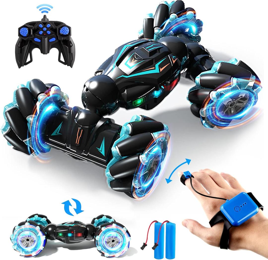1:12 RC Stunt Car, 2.4GHz 4WD Remote Control Gesture Sensor Toy Cars, Double Sided Rotating Off Road Vehicle 360 Flips with Lights Music, Toy Cars for Boys & Girls Birthday (Blue)