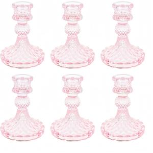 Glass Candlestick Holder,Striped Taper Candle Holders,Set of 6 Candle Stand for Table Centerpieces, Home Decor,Weddings,Festival and Parties (Pink Dimond)