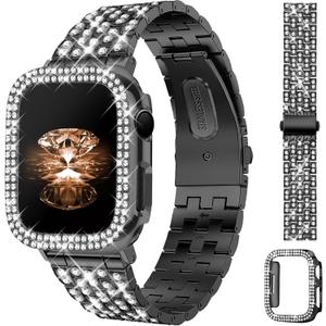 JR.DM Diamond Bands with Bling Case Women Compatible with Apple Watch 40mm 38mm 41mm 44mm 45mm 42mm 46mm 49mm Luxury Metal Bracelet Replacement Strap for iWatch Series 11/10/9/8/7/6/5/4 SE/Ultra 3/2/1