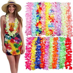 Hawaiian Leis for Luau Party 50 Pcs Tropical Hawaiian Flower Adjustable Necklace Colorful Hawaii Leis Bulk Artificial Flowers for Wedding Hula Dance Decor Birthday Summer Beach Pool Party