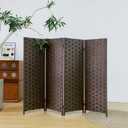 Furnnylane 4 Panel Double Sided Short Room Divider for Room Separation, Dark Brown Rattan Folding Privacy Screen, Freestanding Partition Screen for Home Office - 3.95 ft Tall