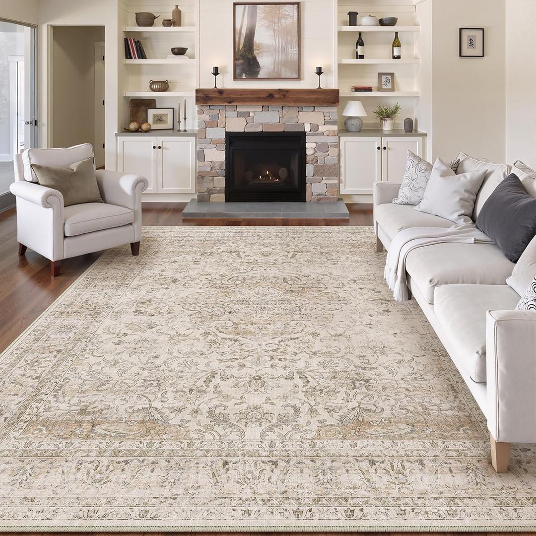 WondRg 8x10 Washable Beige Area Rug Vintage Living Room Bedroom Carpet Non-Slip Soft Low Pile Distressed Indoor Large Throw Rug for Dining Room Office