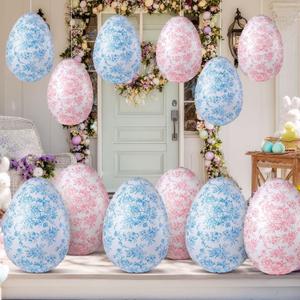Leyndo 12 Pcs 16 Inch/24 Inch Inflatable Easter Eggs Decorations, Toile De Jouy Chinoiserie Large PVC Colorful Egg Easter Blow up Ornaments, Inflatables Balloons Outdoor Decor for Yard, Lawn Garden
