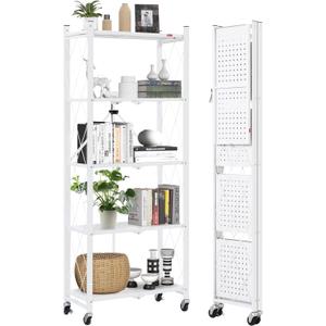 DEANIC 5-Shelf Folding Bookcase with Wheels, Rolling Bookshelf Heavy Duty Storage Shelves, Freestanding Metal Wire Shelving Unit for Living Room, Office, Kitchen, Basement, Pantry (White)