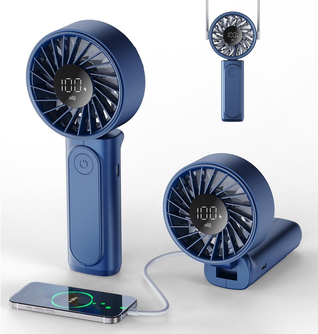 Handheld Fan, Portable Fan, 4000mAh Rechargeable Personal Fan, 180 Foldable Mini Desk Fan with 6 Wind Speed, LCD Digital Display, Lanyard as Neck Fan, Ultra Quiet, Pocket Size for Indoor Outdoor (Blue)