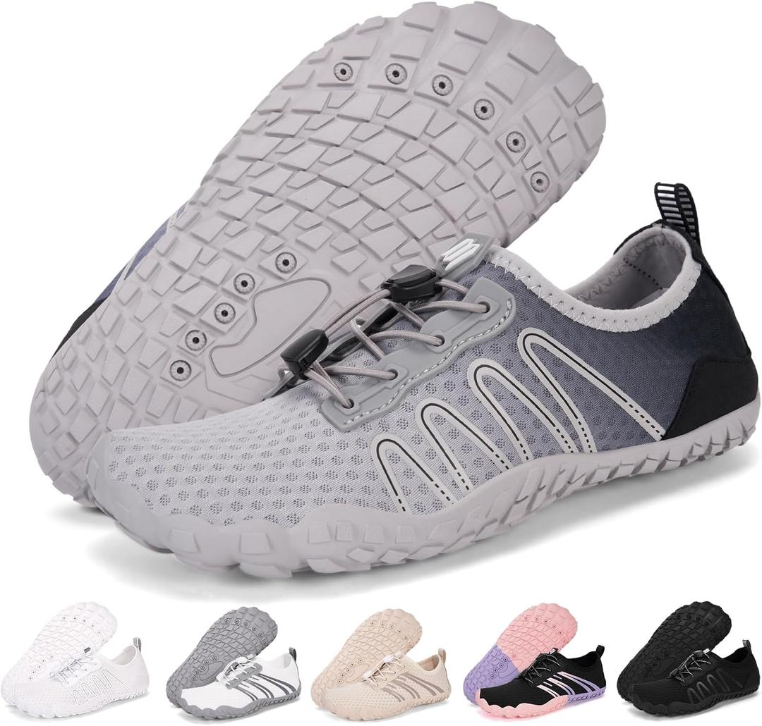 Hike Barefoot Water Shoes for Women Men Footwear, Quick Dry Wide Toe Box Pro Beach Swim Athletic Sports Shoes, Non-Slip Lightweight Aqua Shoe for Pool Hiking Walking Kayaking Diving Surfing (New--grey)