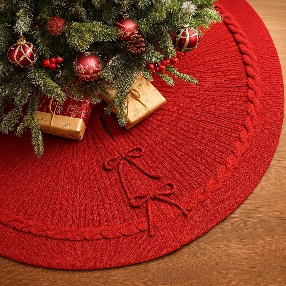 36 Inch Red Knitted Christmas Tree Skirt, Chunky Cable Knit with Braided Scalloped Edge, Perfect for Xmas Holiday Decorations (Large)