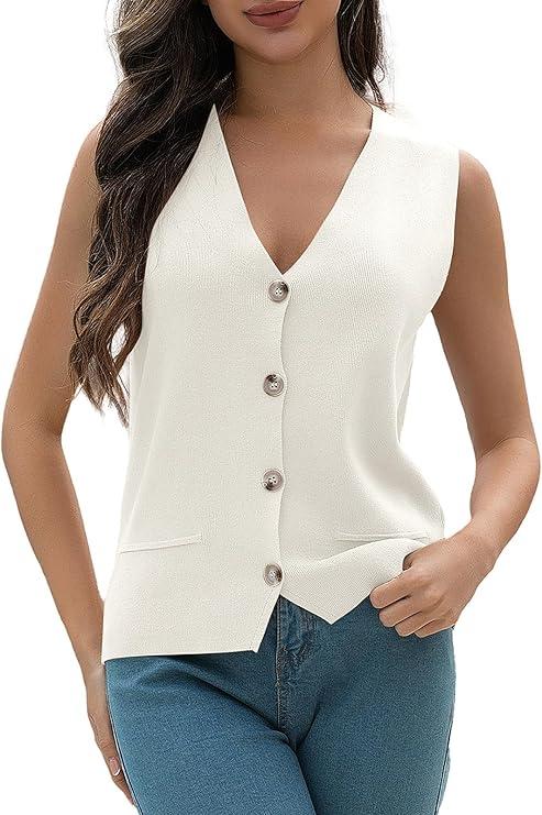 Women's Sweater Vests Summer V Neck Knit Tank Tops Crochet Button Down Sleeveless Y2k Shirts XXL