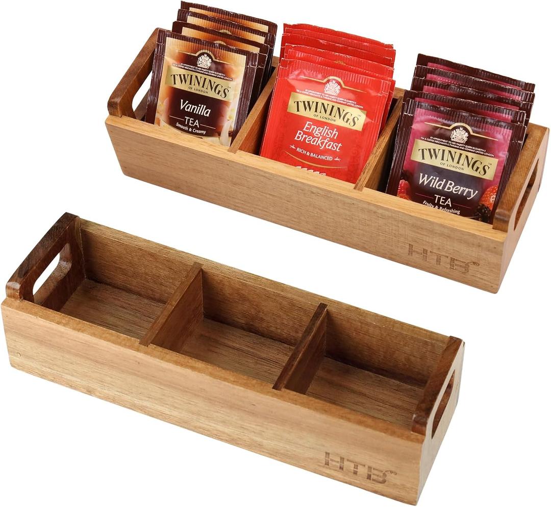 HTB Small Wooden Tea Bag Box 2PCS, 3 Compartments Acacia Wood Tea Bag Chest with Handle, Mini Countertop Divided Storage Container for Beverage Supplies, Sugar, Sweeteners, Individual Packets