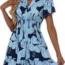 VETIOR Somerset Mini Dress Older Person Friendly Womens Elastic Smocked Waist Henley Neck with Ruffled Sleeves and Pockets (Small, Gray Blue Floral-bestselling)