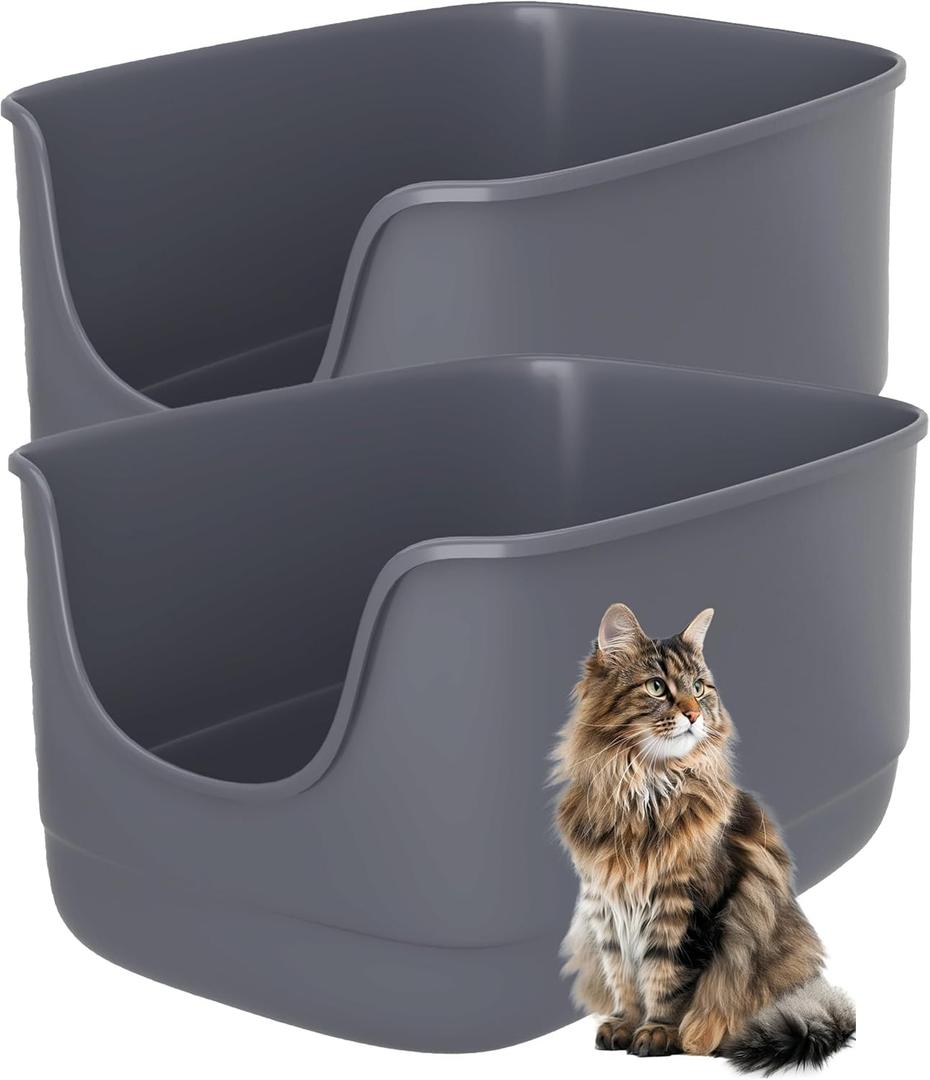 Gefryco Jumbo Cat Litter Box with High Sides, Extra Large for Muti Cats Open Big Cat Litter Box Anti-Splashing, High Wall Litter Tray for Indoor Medium and Large Cats (Pack of 2) (Grey-Grey)