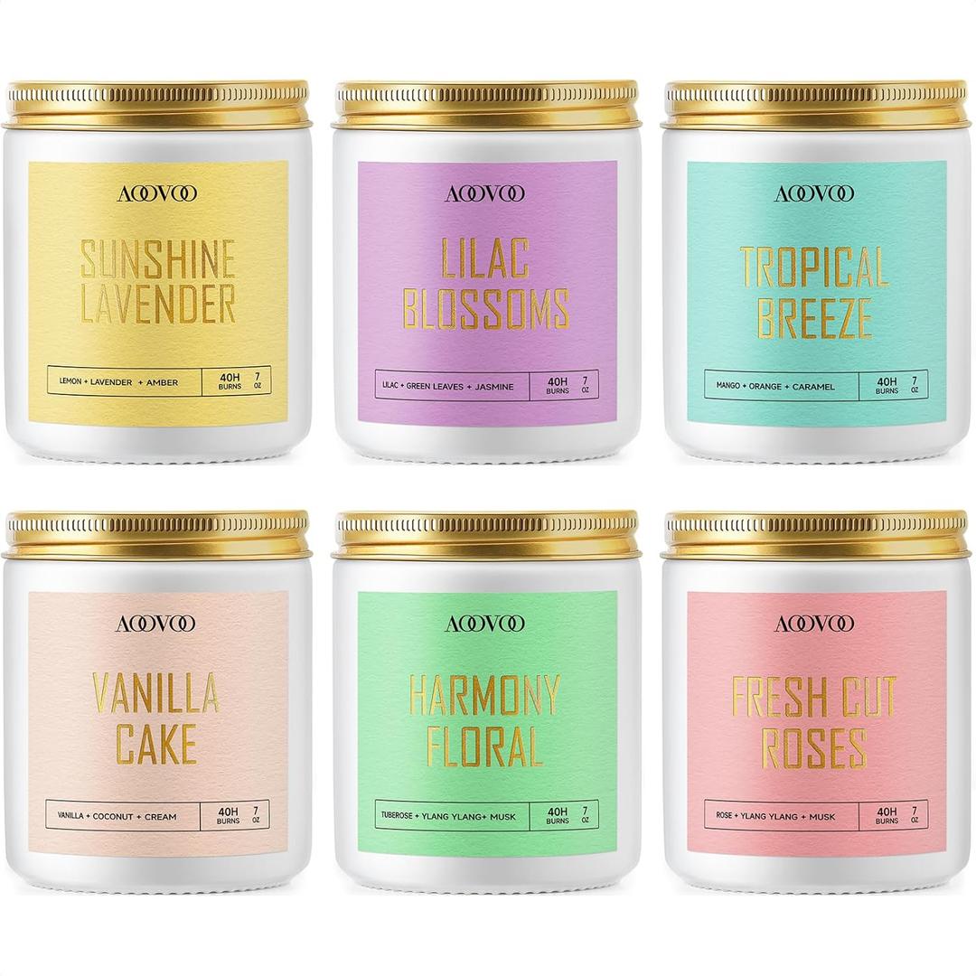 AOOVOO Scented Candles Set - 6 Pack Candles for Women, Lavender/Lilac/Vanilla/Floral/Rose/Breeze, Soy Candle Gifts for Home Scented, 42 oz, 300 Hours Burn Time