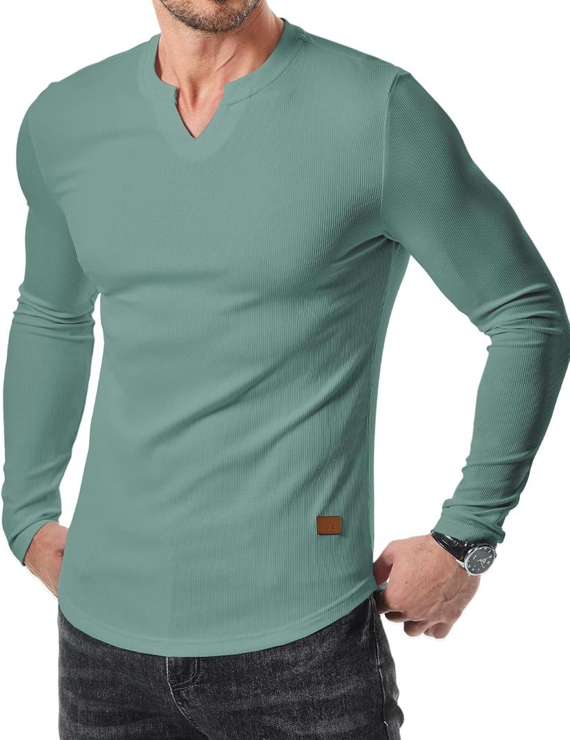 JMIERR Mens Long Sleeve Muscle T Shirts Casual V-Neck Longline Ribbed Tee Shirts (Large)