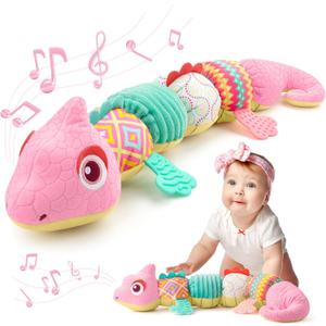 Baby Toys 0-6-12 Months, Musical Stuffed Animal Activity Soft Toys with Multi-Sensory Crinkle,Rattles and Textures,Infant Baby Girl Toys Gifts for Newborn Tummy Time,Dinosaur,Pink