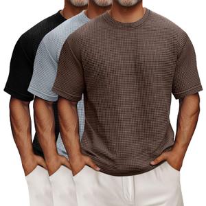 Riyiper 3 Pack Men's Big and Tall Waffle T Shirts, Short Sleeve Crew Neck Tops Casual Textured Knit Pullover Lightweight Tees (XX-Large, Black, Light Grey, Coffee)