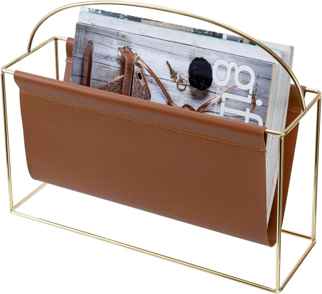 MyGift 15 Inch Mid Century Modern Magazine Holder with Brass Tone Metal Frame and Caramel Brown Leatherette Sling, Freestanding Storage Organizer Newspaper Rack