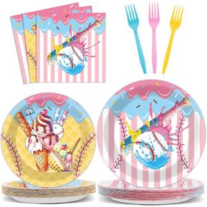 96PCS Ice Cream Drip Baseball Birthday Party Paper Plates and Napkins Set Sport Party Paper Plates Baseball Ice Cream Disposable Tableware Parties Set for Kids Decorations