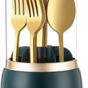 EXIN DECHEN 360 Rotation Silverware Organizer for Kitchen Counter, Utensil Holder Caddy with Cover, Spoon and Fork Organizer, 7 Slots and Intermediate Drainage Device