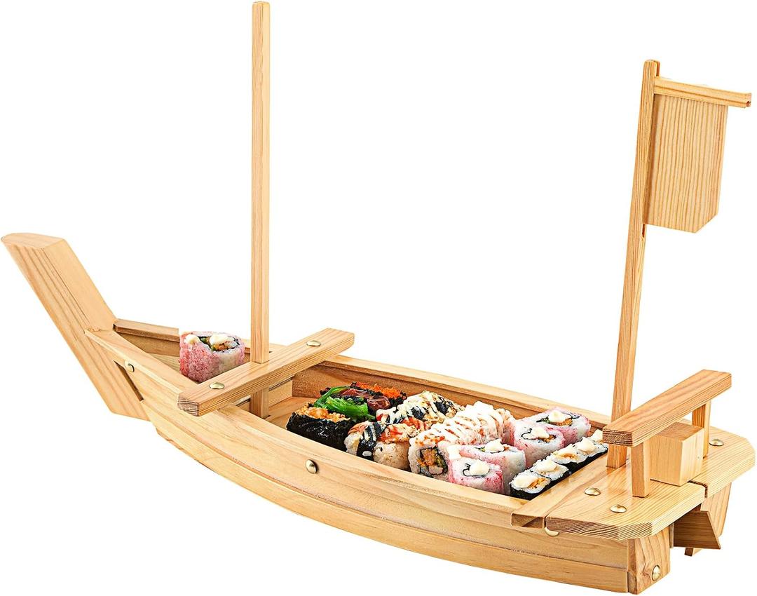 Juexica Wooden Sushi Boat Serving Tray Japanese Sushi Plate for Restaurant Sushi Tray Wood Serving Boat Plate for Food Display Home Wedding Birthday Party (Light Wood Color, 24 Inch)