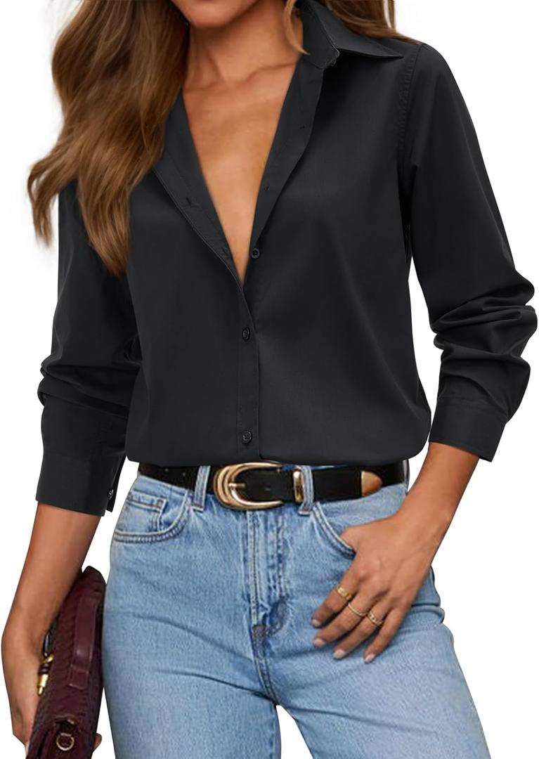 siliteelon Womens Button Down Shirt Dress Shirt Collared Long Sleeve Cotton Blouse Dressy Casual Button Up Work Office Shirt (Black, XL)