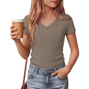 Girls Shirts Short Sleeve V Neck Ribbed Slim Fit Kids Tops Comfy Cute Summer Teen Girl Basic Tees