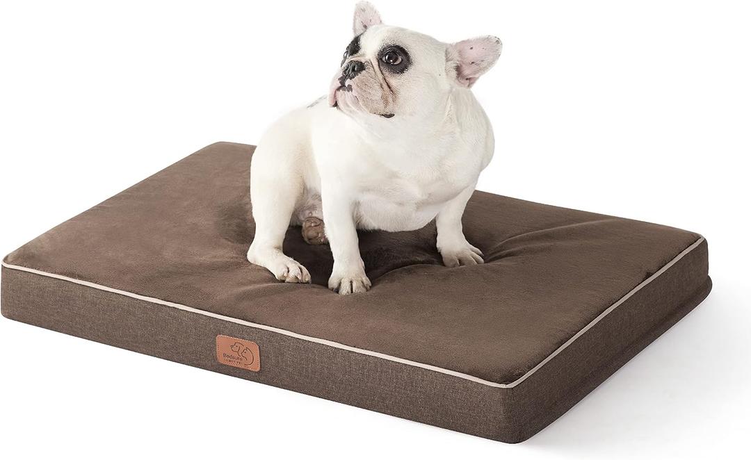 Bedsure Memory Foam Dog Bed Medium Size Dogs- Orthopedic Pet Beds for Crate with Removable Washable Cover and Nonskid Bottom - Plush Flannel Fleece Top Pet Mat, Brown (29.0 L x 18.0 W x 3.0 Th)