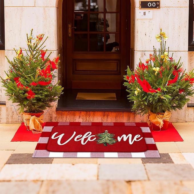 Tinideya 2 Pcs Christmas Doormats Xmas Tree Welcome Outdoor Door Mats Red and White Layered Front Door Rugs Non Slip Floor Mats for Holiday Porch Entryway Indoor Outdoor