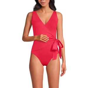 Lands' End Women's Side Tie Wrap One Piece Swimsuit 8 Coral Roses