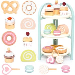 UMU® Wooden Dessert Playset – Pretend Play Kitchen Toy with Stand, Cupcakes, Donuts, Macarons, Candy & More – Wooden Play Food Set for Kids Ages 3 4 5 6