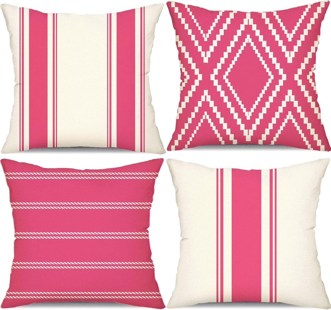 DFXSZ Outdoor Pillow Covers 18x18 Inch Set of 4 Hot Pink Waterproof Modern Geometry Throw Pillows Outdoor Summer Waterproof Decor for Patio Funiture Garden Polyester Cushion Covers 013L18