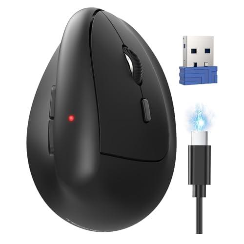 TECKNET Ergonomic Mouse, Wireless Bluetooth Vertical Mouse (BT5.3/3.0 & 2.4G) Rechargeable 4800 DPI Optical Mouse with 6 Adjustable DPI, Quiet Clicks, USB A Receiver, 6 Buttons - Wide Compatibility