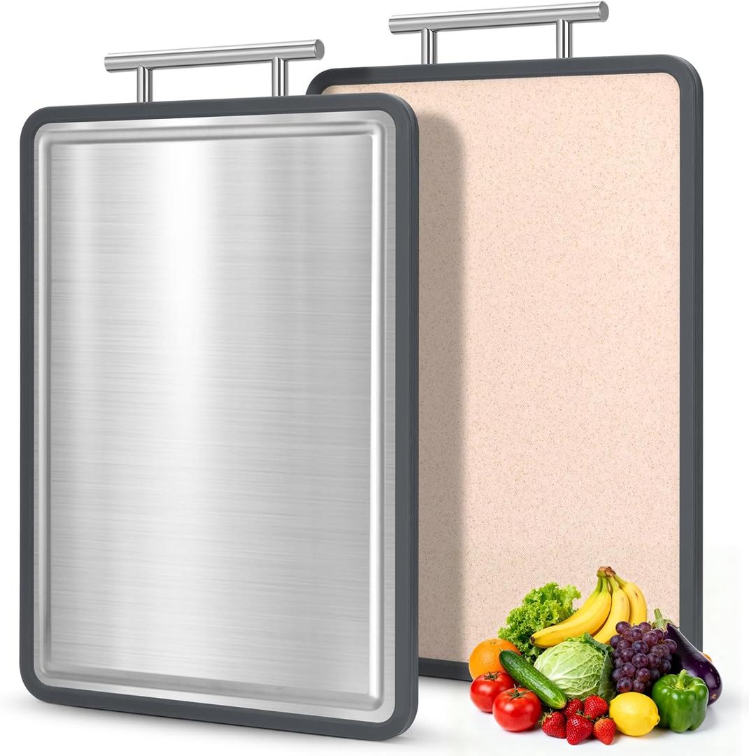 Stainless Steel Cutting Board 15 * 11 Inch, IDekooror Double Sided Steel Chopping Board for Kitchen, Steel and Wheat Straw PP 2-in-1 Cutting Board for Meat Vegetables Fruits, Dishwasher Safe