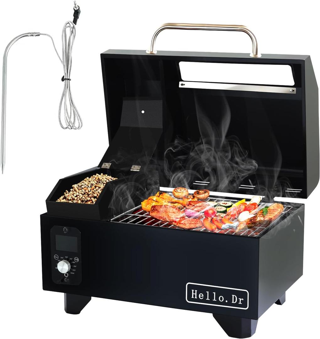 Portable Wood Pellet Grills 900FSmoker with Viewing Window  8-in-1 BBQ, Digital Control, LED Screen, Temperature Control, Meat ProbeBake and Roast, Ideal for Camping, RV, Beach Backyard (007, Black)