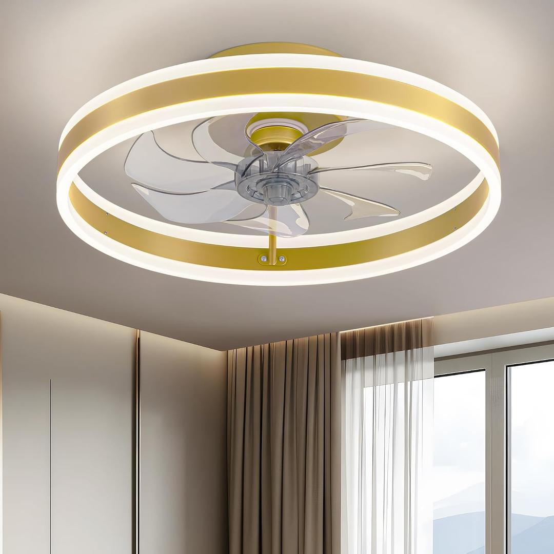 KDG 19.7" Low Profile LED Ceiling Fans with Light, Reversible Flush Mount with Remote and 6 Winds Speeds Fan Lighting, 3 Colors Dimmable for Bedroom, Living Room, Kids, Dinning Room, Kitchen (Gold)