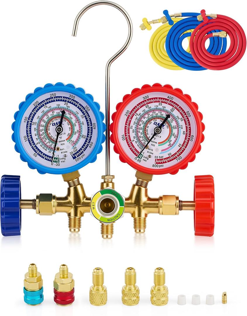 Orion Motor Tech AC Gauge Set, 3 Way AC Manifold Gauge Set for R134a R410a R22 R404a Refrigerant Recharge with Shockproof HVAC Gauge Rubber Casings R134a Couplers R410a Adapters 29 Adapter