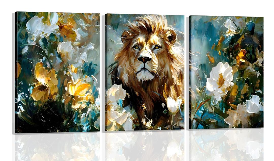 3Pcs Framed Lion Floral Canvas Wall Art Regal Lion Focus Creamy White Golden Blooms Teal Green Backdrop Artistic Blend Nature Paintings Prints Posters Pictures Wall Decor Living Room Decoration (12x16)