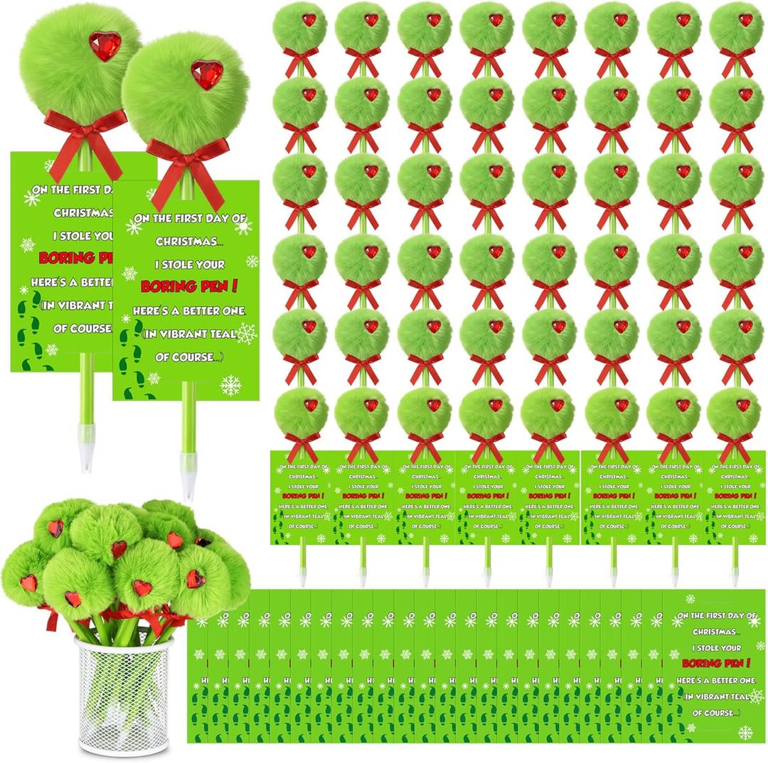 Ctosree Christmas Green Plush Fuzzy Pompom Ballpoint Pens with 6x9cm Pen Insert Cards - Festive Red Gift Bow & 3D Heart Design, Holiday Party Favors Gift Pens for Christmas Classroom Gifts