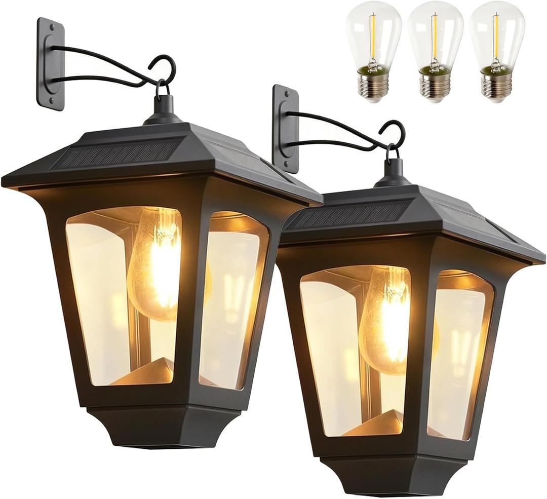 PASAMIC Solar Wall Lanterns Outdoor, 70 Lumens Hanging & Wall Mount Solar Porch Lights, IP65 Waterproof Dusk to Sconce Lights for Deck, Patio, Fence, Garage, Extra Replaceable Bulb, 2 Pack