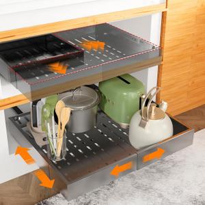 2 Pack Pull Out Cabinet Organizer Expandable Width(12"-18") and Depth(14"-24") No Drill Need Slide Out Drawers With 3 Rails, Heavy Duty Roll Out Shelf Storage for Kitchen, Bathroom Organization Black