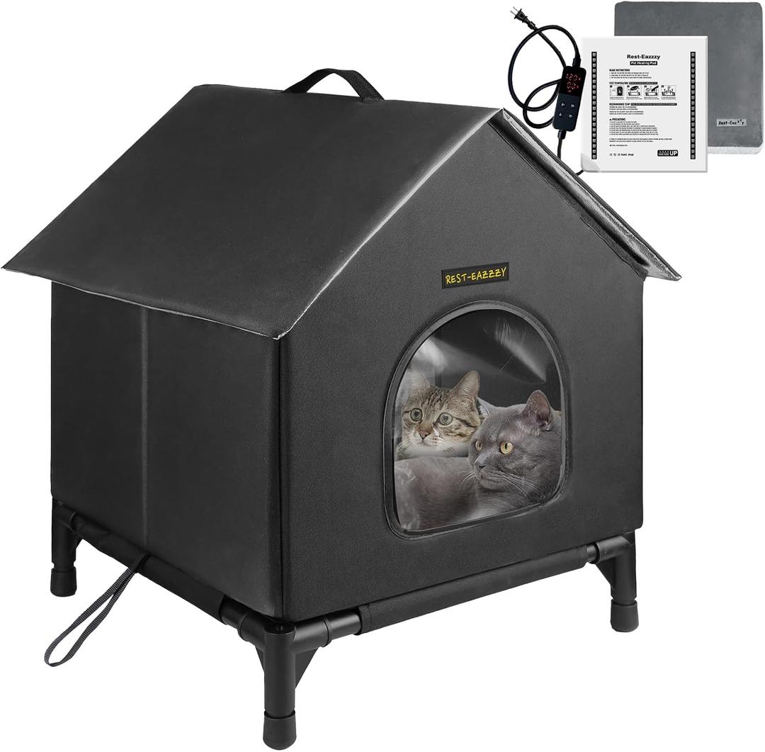 Rest-Eazzzy Heated Cat House for Outdoor Cats, Waterproof, Fully Insulated Shelter for Stray and Feral Cats, Great for Cat Houses for Outdoor Cat and Cat Beds for Indoor Cats (Grey-Heat, Medium)