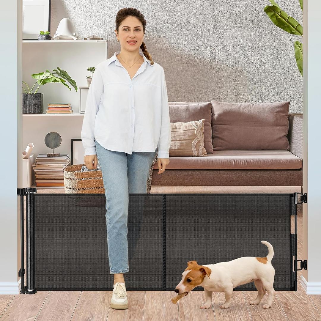 24 Inches Tall Retractable Baby Gates for Doorways, Short Dog Gates to Step Over, Extends up to 55" Wide, Reinforced Mesh Baby Gate for Kids or Pets, Doggie Gates Puppy Gates for The House  Black, Reinforced 24" Tall X 55" Wide
