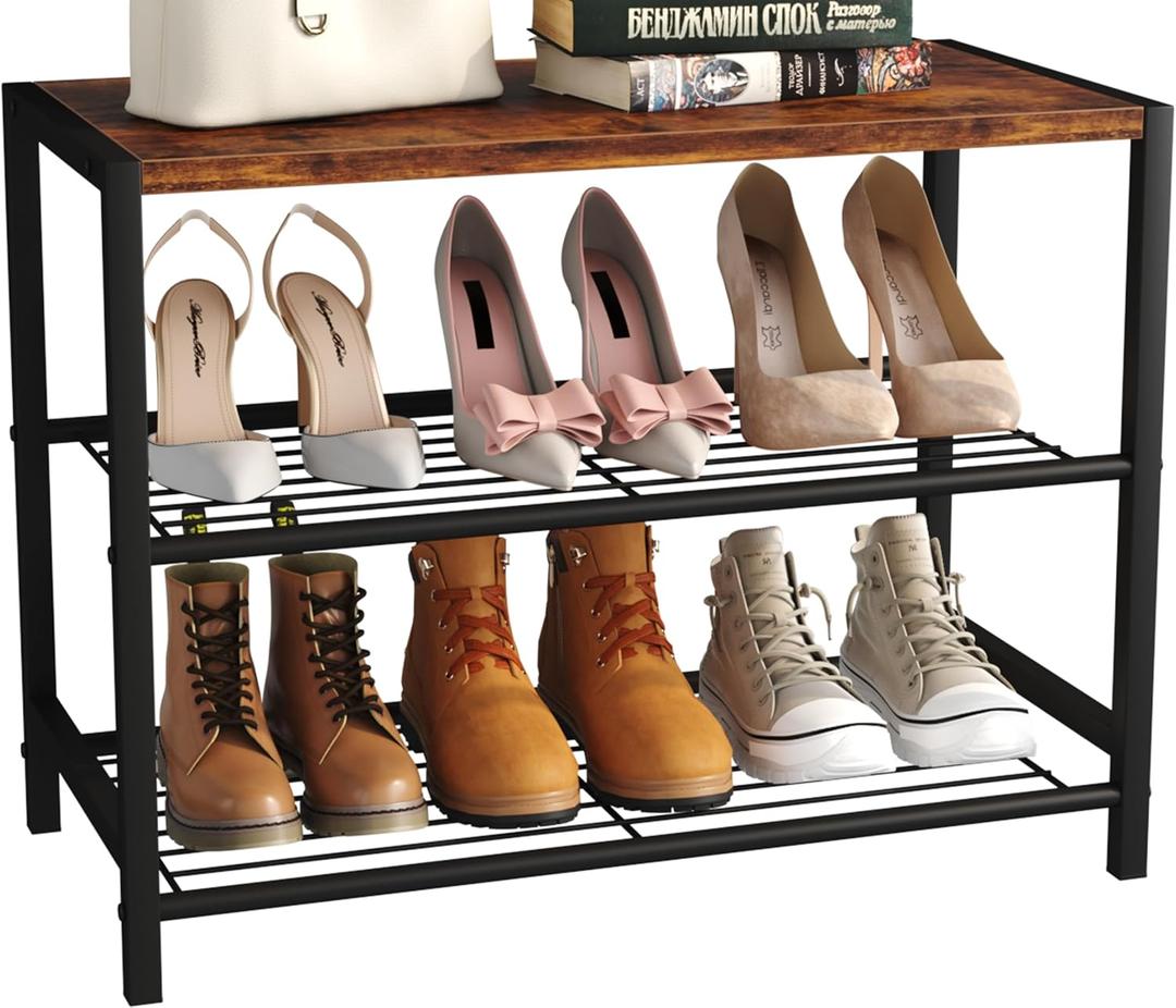 Yusong Shoe Rack Organizer, 3 Tier Industrial Shoe Storage Shelf for Closet Entryway, Narrow Sturdy Metal Shoe Shelves, Rustic Brown