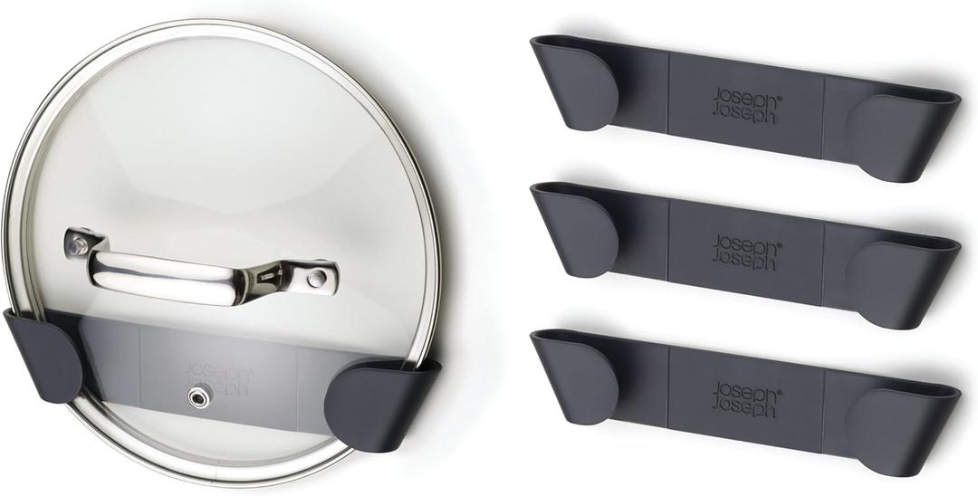 Joseph Joseph Cupboard Store - Set of 4 Pot and Pan Lid Holders Self Adhesive Wall Mount Storage Organizer, Suitable for Lids Up to 9 in , 3M VHB Tape Included, Gray (4 count (pack of 1))
