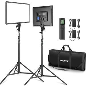 Neewer 18" Led Video Light Panel Key Lighting Kit with Remote, 2-Pack 45W Dimmable Bi Color + Tripod Stand, 3200K5600K Soft Light CRI 97+ 4800Lux for Game Live Streaming Studio Photography Recording