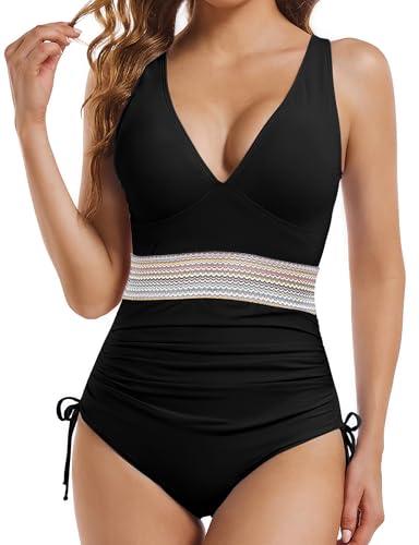 Women's One Piece Swimsuits Tummy Control Bathing Suits for Womens Color Block Drawstring V Neck Slimming Swimwear Swim Suits Sexy Cute Push Up Ruched Deep Modest Teen Girl Curvy Swimming Black L