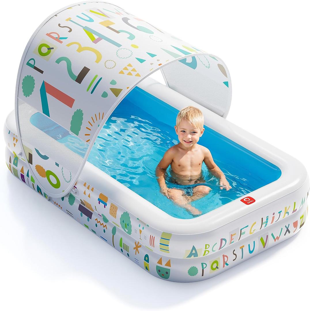 QPAU Kiddie Pool 65" x 39" Inflatable Pool for Kids & Toddlers, Ball Pit & Baby Pool with Soft Cushioned Floor, Canopy for Sun Protection, Durable Outdoor Play Toys for Backyard & Indoor (Blue)