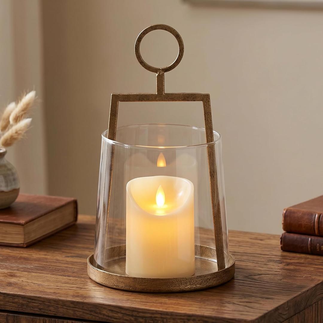 Modern Farmhouse Hurricane Candle Holder, Antique Brass Metal Centerpiece Sturdy Glass Sleeve, Tabletop Geometric Lantern for Pillar Candles, Plants & Home Decor (6" x 10") - Large